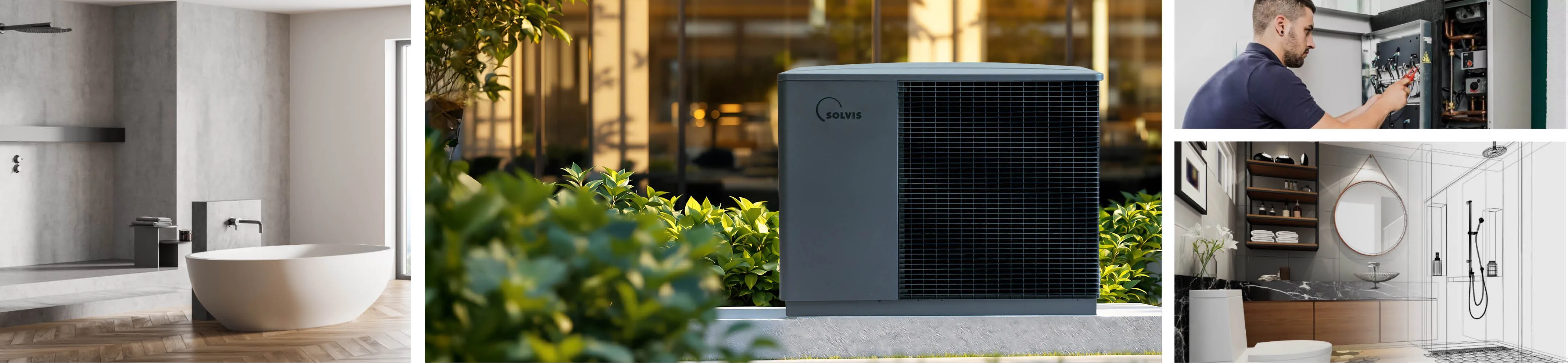 Header-Collage der Kreuz GmbH aus Schallstadt (bei Freiburg) mit Bad-Referenz-Wärmepumpe Solvis LeaPro und Service-Techniker.
