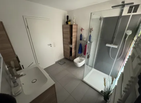 Gesamtansicht eines modernen Badezimmers mit Dusche, Bidet und Waschtisch.