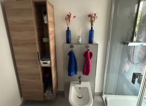 Modernes Badezimmer mit Bidet, Glasdusche und grauen Bodenfliesen.