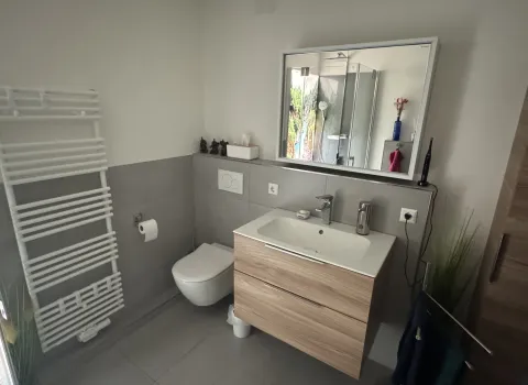 Badezimmer mit Waschtisch, Spiegel und wandhängendem WC in modernem Design.