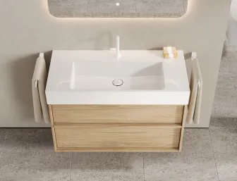 Waschtisch aus der Kollektion Uomo des Herstellers burgbad in der Farbe Eiche Dekor Klassik.