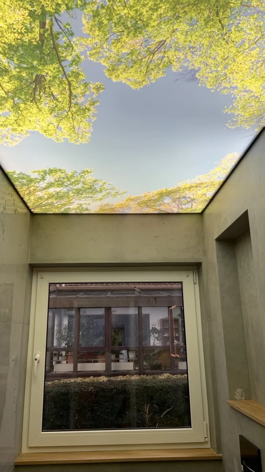 Eine beleuchtete Decke in einem Gästebad.