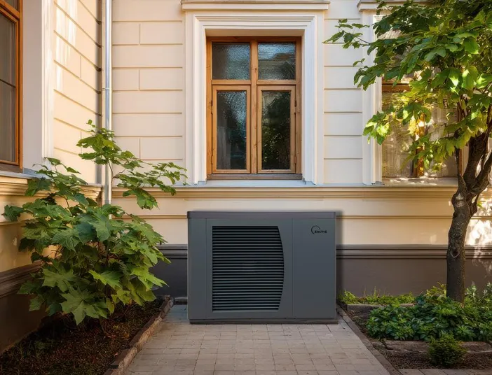 Wärmepumpe SolvisPia von Solvis vor einem Altbau. 