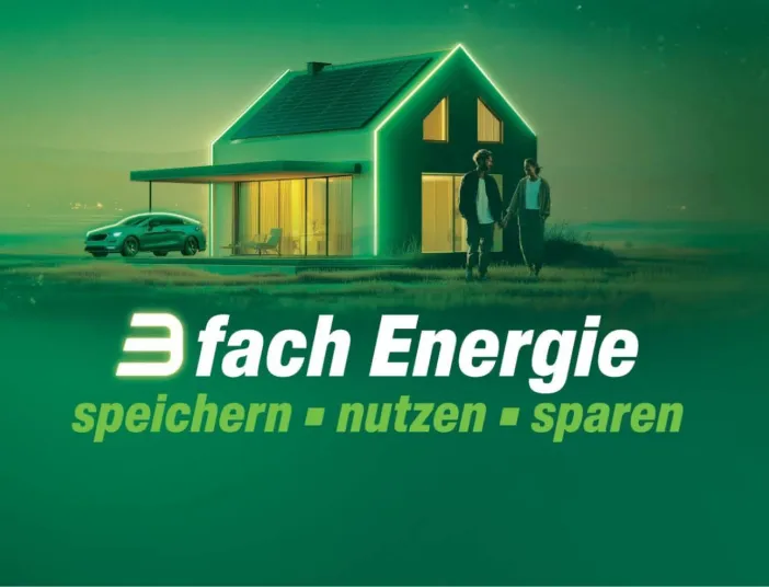 Header mit E3DC-Slogan, Haus und E-Auto in grüner Umgebung.